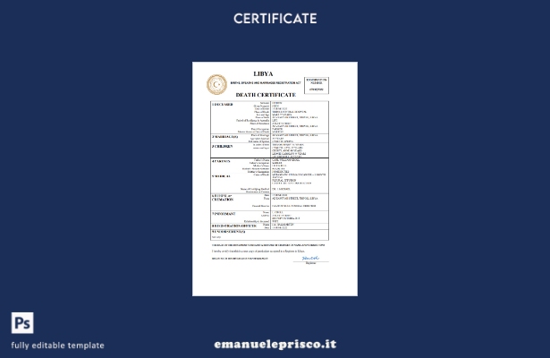certificato di morte in Libia in stile verificato modello Word e PDF